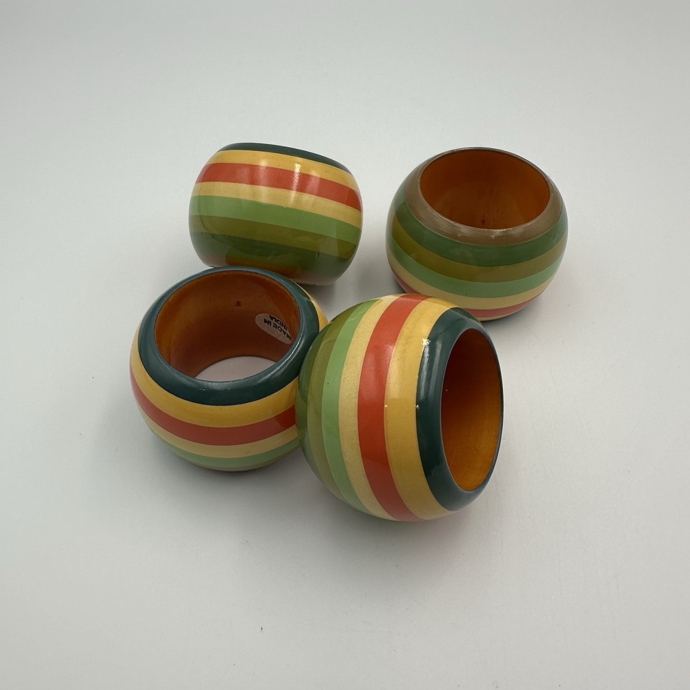 Vtg Pier 1 Striped Wood Lacquered Napkin Rings‎ Set of 4 Made In India
